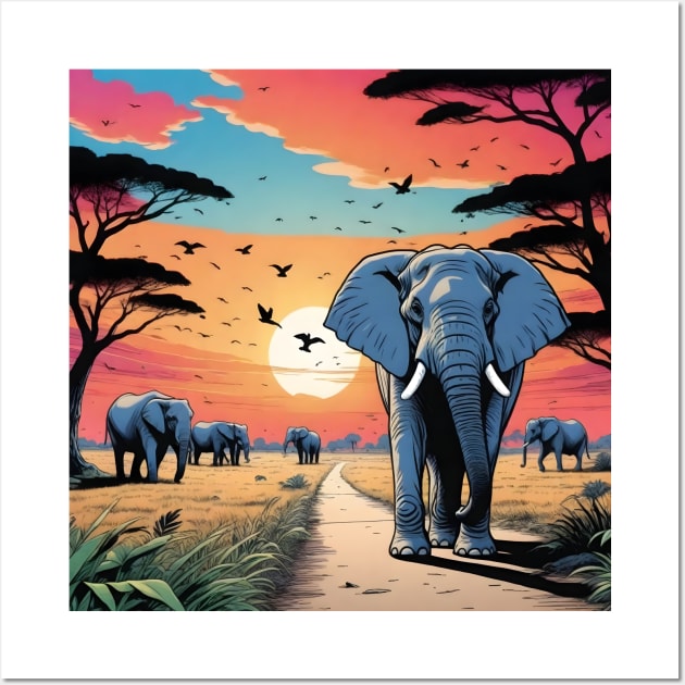 Sunet in African Jungle with Elephants Wall Art by spacemedia